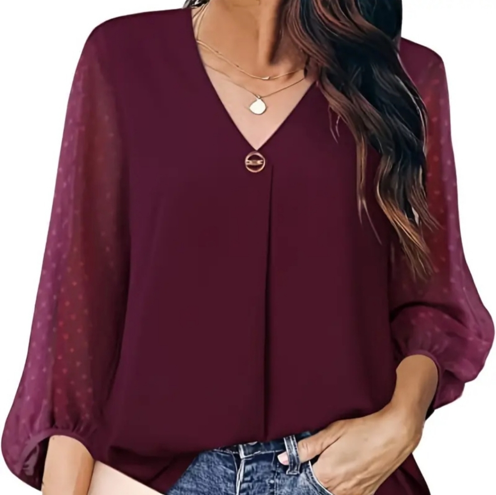 V-neck Loose Blouses, Casual Mesh Stitching Dot PomPoms 3/4 Long Sleeve Fashion